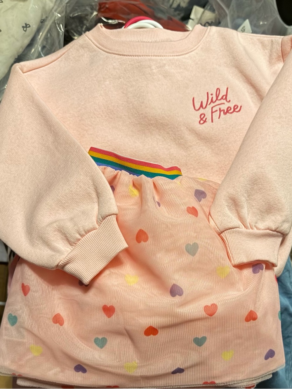 Old Navy Light Pink "Wild & Free" Heart Sweatshirt Dress with Rainbow Trim